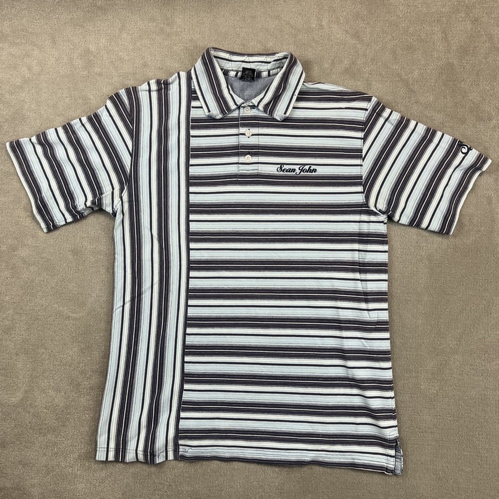 Sean John Large Polo Shirt Y2K Streetwear Multi-Directional Striped Blue Cotton